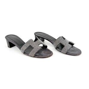 Hermes Oasis Crystal Glitter H Sandal Heels Black Silver Size 38 US 7.5 Women’s